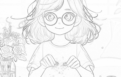 Dibujo para colorear: Isabel esparce purpurina con los dedos sobre la mesa entre botes.