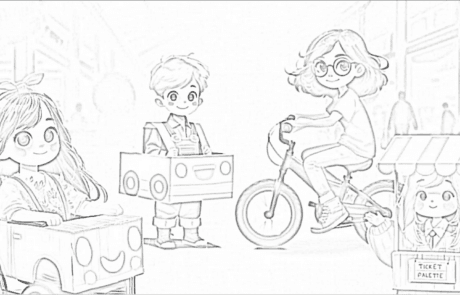Dibujo para colorear: los cuatro hermanos con sus coches de cartón y la taquilla de tickets.