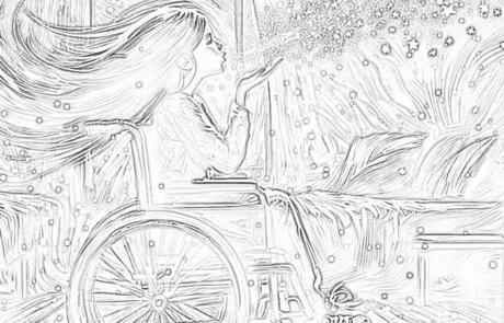 Dibujo para colorear: Carolina sopla purpurina que se convierte en estrellas desde su silla de ruedas.