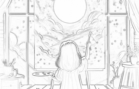 Dibujo para colorear: Martina pinta en su caballete un cielo con una gran luna.
