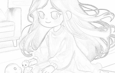 Dibujo para colorear: Carolina juega sentada en el suelo con sus muñecas.