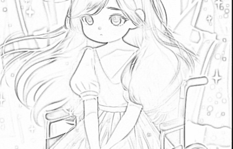 Dibujo para colorear: Carolina, en su silla de ruedas, entre los vestidos de una tienda.