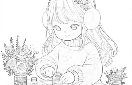 Dibujo para colorear: María vierte purpurina de un frasco entre ramos de flores.
