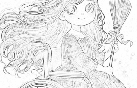 Dibujo para colorear: Carolina, con vestido de fiesta, sostiene una escoba adornada con un lazo.