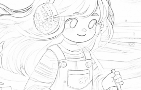 Dibujo para colorear: María, con sus orejeras, juega en la arena de la playa.