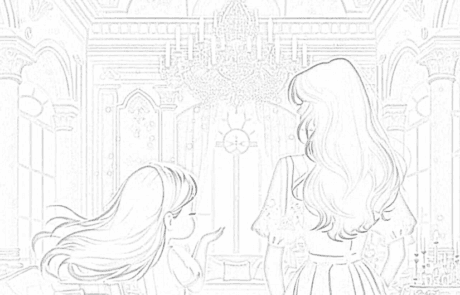 Dibujo para colorear: Carolina y una mujer, de espaldas, en el gran salón de un palacio.