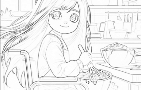Dibujo para colorear: Carolina bate una masa con las varillas en la cocina.