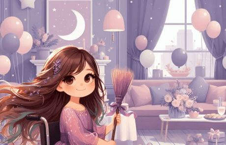 Ilustración del libro: Carolina sostiene una escoba adornada en un salón decorado para su cumpleaños.