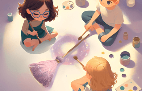Ilustración del libro: Isabel, Juanma y María pintan de purpurina una escoba sentados en el suelo.