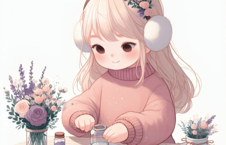 Ilustración del libro: María, con sus orejeras, vierte purpurina de un frasco sobre una hoja de papel.