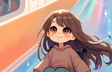 Ilustración del libro: Carolina baja al andén del metro por una rampa de colores llena de brillos.