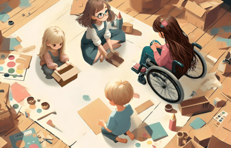 Ilustración del libro: los cuatro hermanos construyen sus disfraces de cartón rodeados de cajas y pinturas.