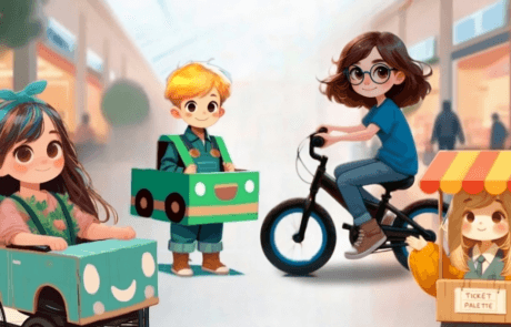 Ilustración del libro: los hermanos desfilan con sus coches de cartón; Carolina en su silla y María en la taquilla.