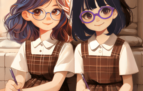 Ilustración del libro: Isabel y Martina, con el uniforme del colegio, escriben en sus cuadernos.