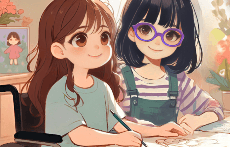 Ilustración del libro: Carolina, en su silla de ruedas, dibuja junto a Martina en la mesa.