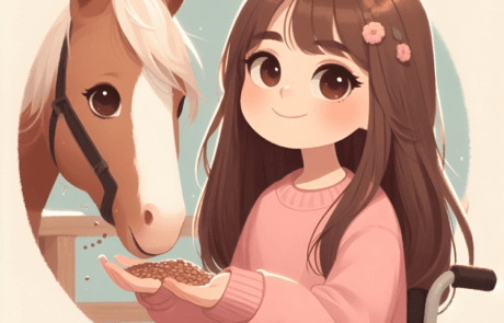 Ilustración del libro: Carolina da de comer a un caballo desde su silla de ruedas.