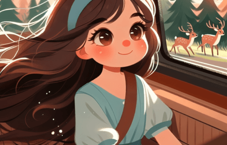 Ilustración del libro: Carolina mira desde el coche unos ciervos entre los pinos.