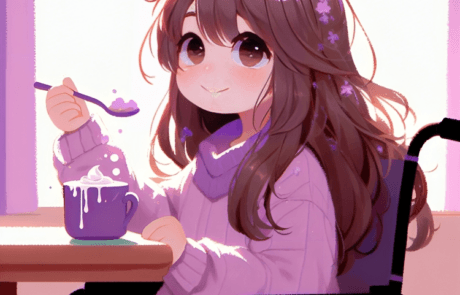 Ilustración del libro: Carolina toma un chocolate caliente con nata, sentada a la mesa en su silla de ruedas.