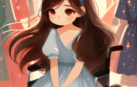 Ilustración del libro: Carolina, en su silla de ruedas, elige un vestido entre las perchas de una tienda.