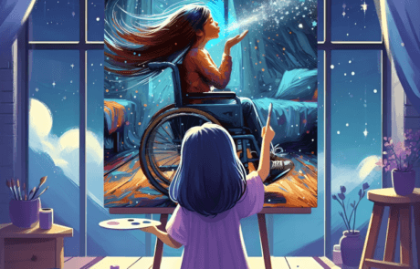 Una niña pinta en un caballete el retrato de una joven en silla de ruedas que sopla un puñado de purpurina hacia una ventana estrellada.