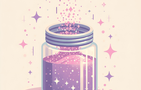 Ilustración del libro: un bote de purpurina malva abierto del que escapan brillos y estrellas.