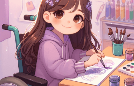 Ilustración del libro: Carolina pinta con purpurina en su escritorio, rodeada de pinceles y botes de colores.