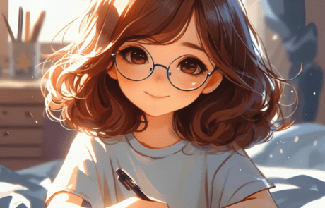Ilustración del libro: Isabel escribe en su cuaderno tumbada en la cama, con sus gafas redondas.