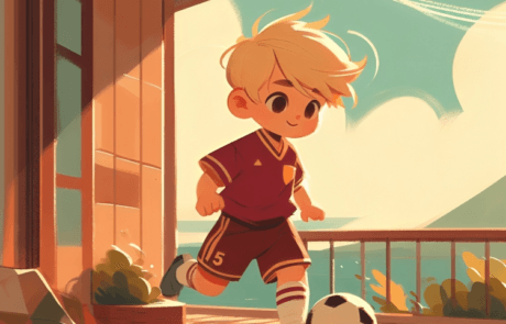 Ilustración del libro: Juanma, con su equipación de fútbol, golpea el balón en una terraza frente al mar.