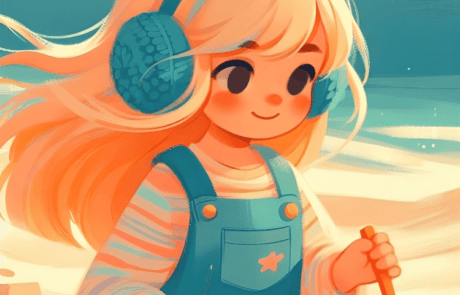 Ilustración del libro: María, con sus orejeras turquesa, juega con el cubo y la pala en la playa.