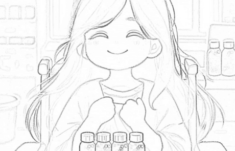 Dibujo para colorear: Carolina sonríe en su silla de ruedas ante cuatro frascos de purpurina.