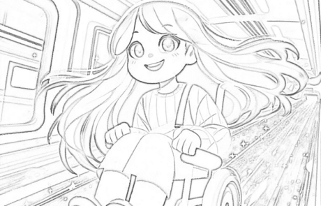 Dibujo para colorear: Carolina baja una rampa del metro en su silla de ruedas.