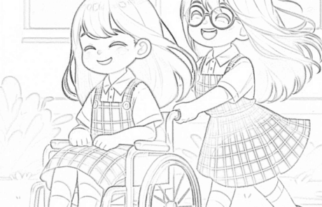 Dibujo para colorear: Patri empuja la silla de ruedas de Carolina camino del colegio.