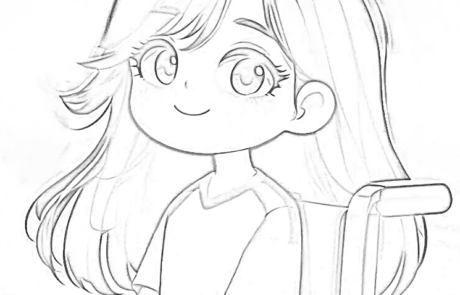 Dibujo para colorear: retrato de Carolina sonriente en su silla de ruedas.