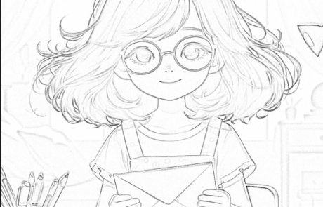 Dibujo para colorear: Isabel sostiene un sobre en su escritorio lleno de papeles.