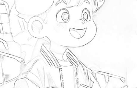 Dibujo para colorear: Juanma sonríe con su álbum de cromos en la grada.