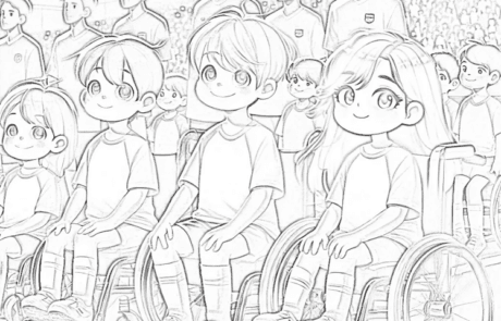 Dibujo para colorear: niños en silla de ruedas en el campo de fútbol junto a los jugadores.