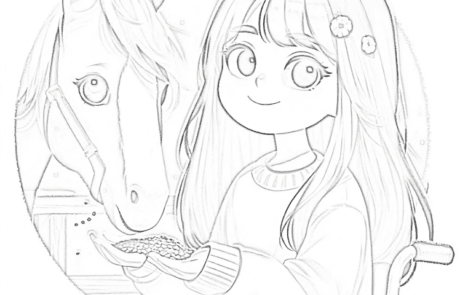 Dibujo para colorear: Carolina da de comer a un caballo desde su silla de ruedas.