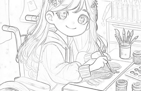 Dibujo para colorear: Carolina pinta con purpurina en su escritorio, rodeada de pinceles.