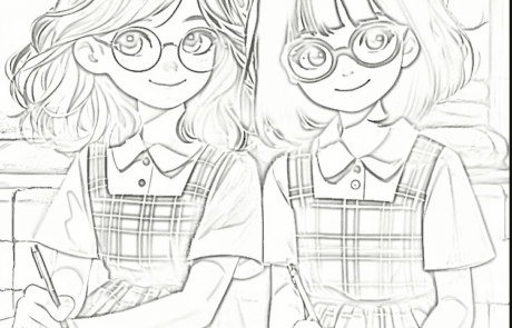 Dibujo para colorear: Isabel y Martina, con el uniforme del colegio, escriben en sus cuadernos.