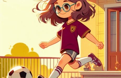 Ilustración del capítulo: Isabel, con gafas y camiseta de fútbol, corre tras el balón delante de casa.