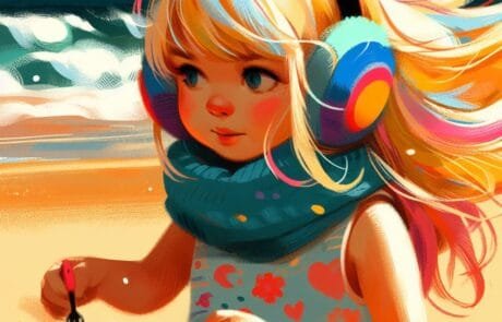 Ilustración del capítulo: María, con sus orejeras de colores, construye un castillo de arena en la playa.