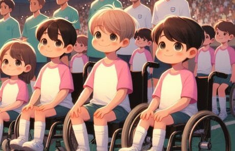 Ilustración del capítulo: niños en silla de ruedas saltan al campo con los jugadores para visibilizar las enfermedades raras.