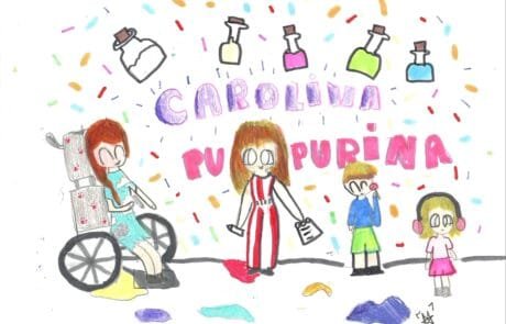 Dibujo de Martina con el título «Carolina Purpurina»: la protagonista y sus hermanos entre frascos de purpurina.
