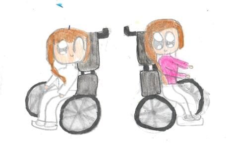 Bocetos de Martina: dos estudios del personaje de Carolina en su silla de ruedas, de perfil.