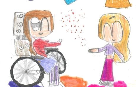 Dibujo de Martina: Carolina, en su silla de ruedas, sopla un puñado de purpurina hacia su amiga.
