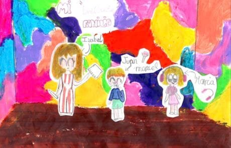 Dibujo de Martina titulado «Mi brillante familia», con Isabel, Juan Manuel y María sobre un fondo de colores.