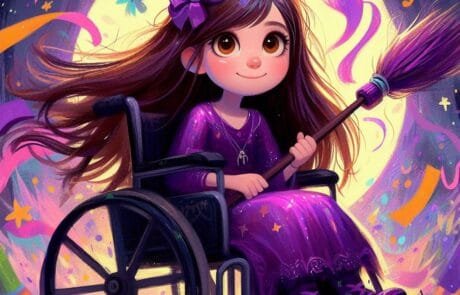 Ilustración del capítulo: Carolina, disfrazada de bruja con sombrero morado, sujeta su escoba bajo la luna.