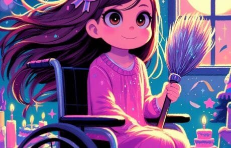 Ilustración del capítulo: Carolina sostiene una escoba brillante en su fiesta de cumpleaños, entre tartas y velas.