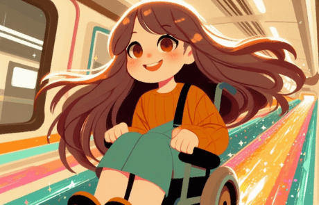 Ilustración del capítulo: Carolina baja a toda velocidad una rampa de colores en el metro.