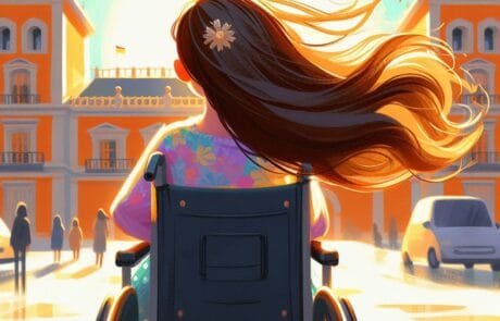 Ilustración del capítulo: Carolina, de espaldas y en su silla de ruedas, contempla el palacio.